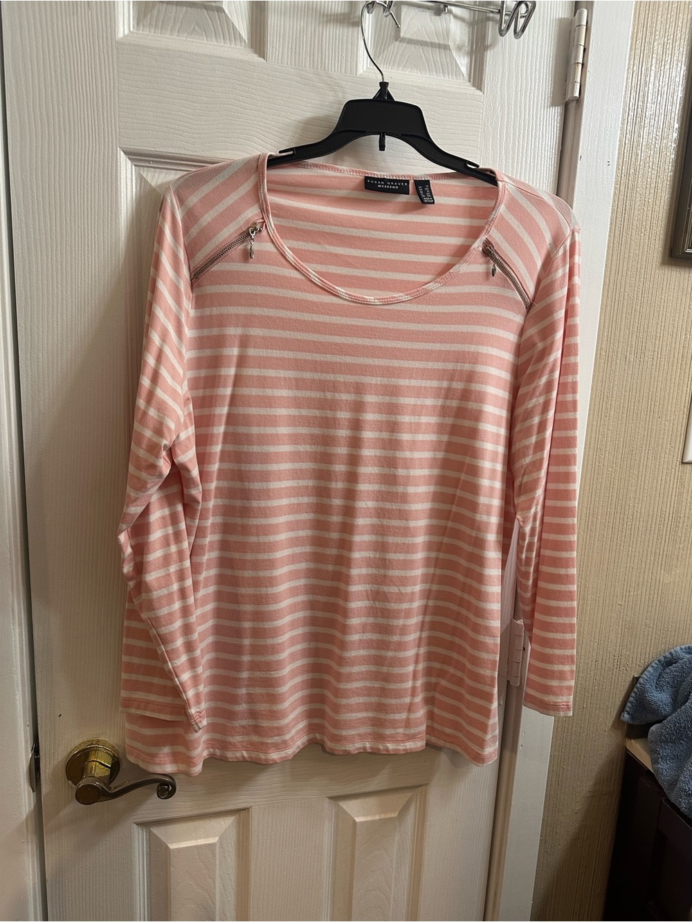 Susan Graver Pink and White Striped Long Sleeve Tee with Shoulder Zips